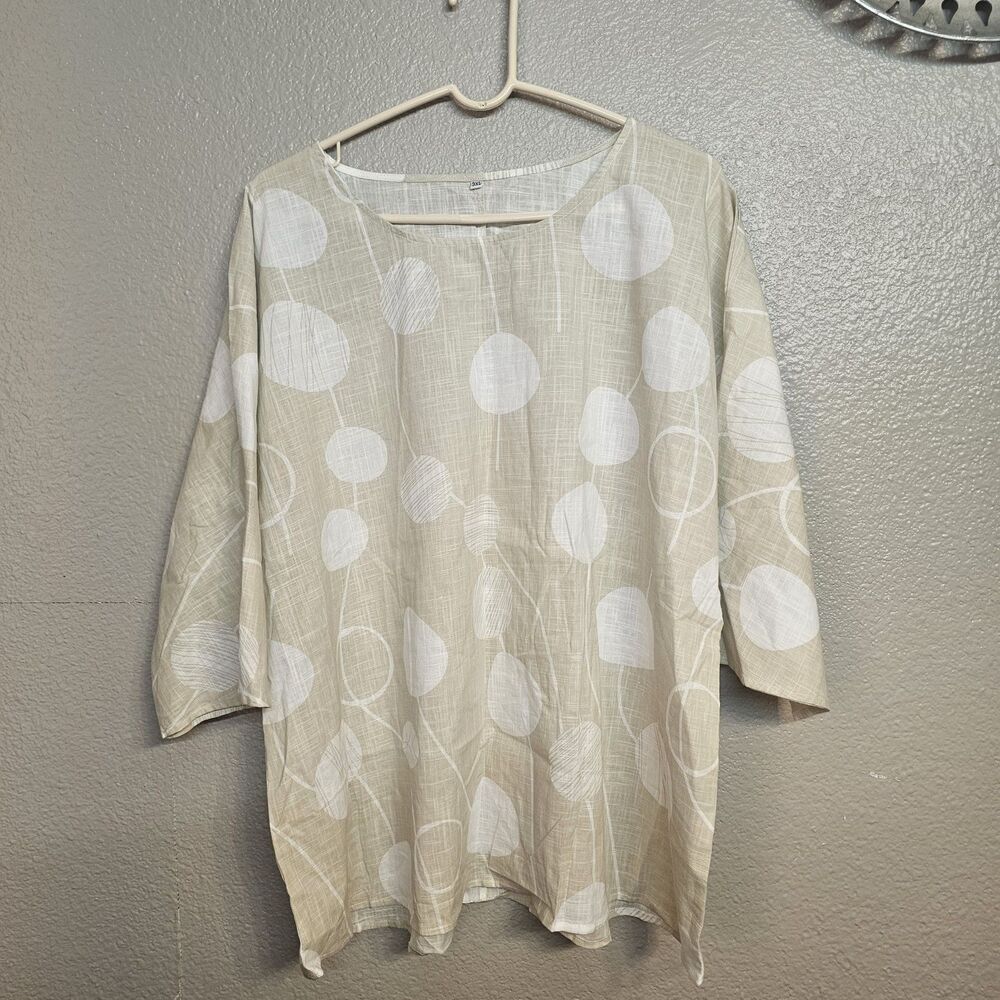 Women’s Beige & White Abstract Dot Cotton Tunic  Top 3/4 Sleeve Boho Sz 3X T747